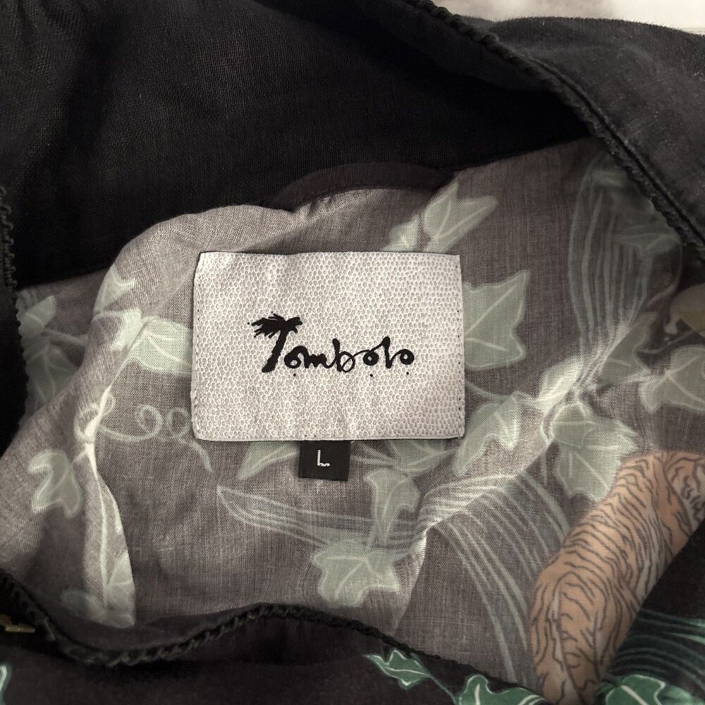 Tombolo "Pub Tiger" Tencel Long Sleeve Shirt L Black Ivy Beer Mug Camp Collar - Picture 6 of 8